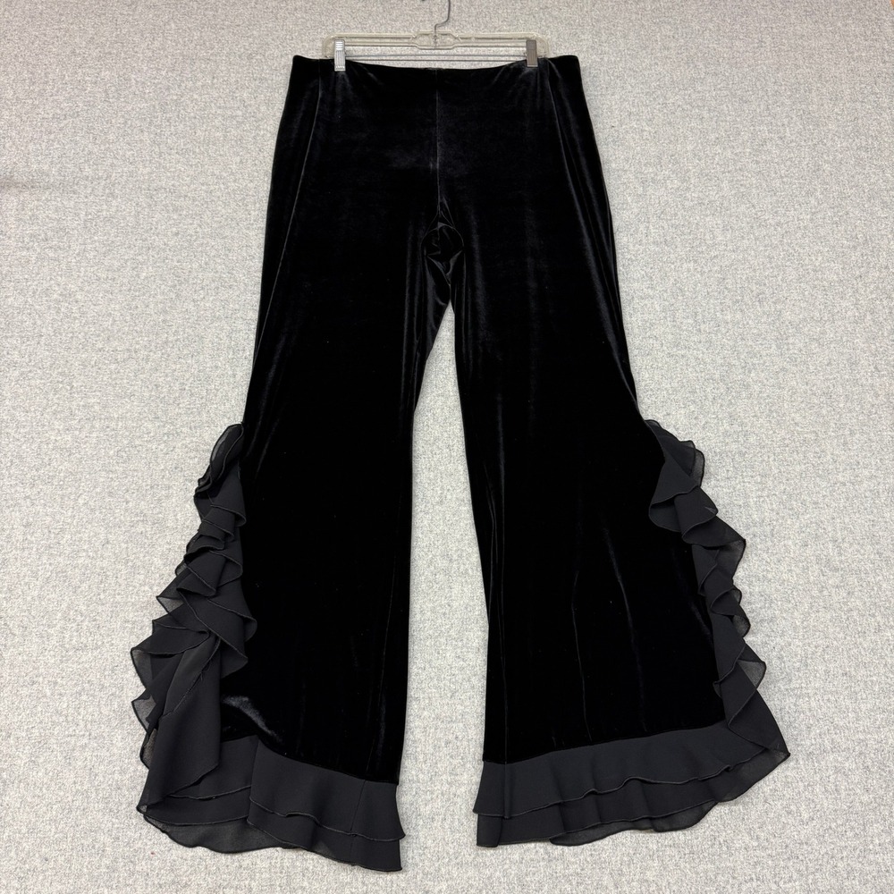 JS Collections Velvet Ruffle Wide Leg Pants Size 16 Black Evening Formal Tiered